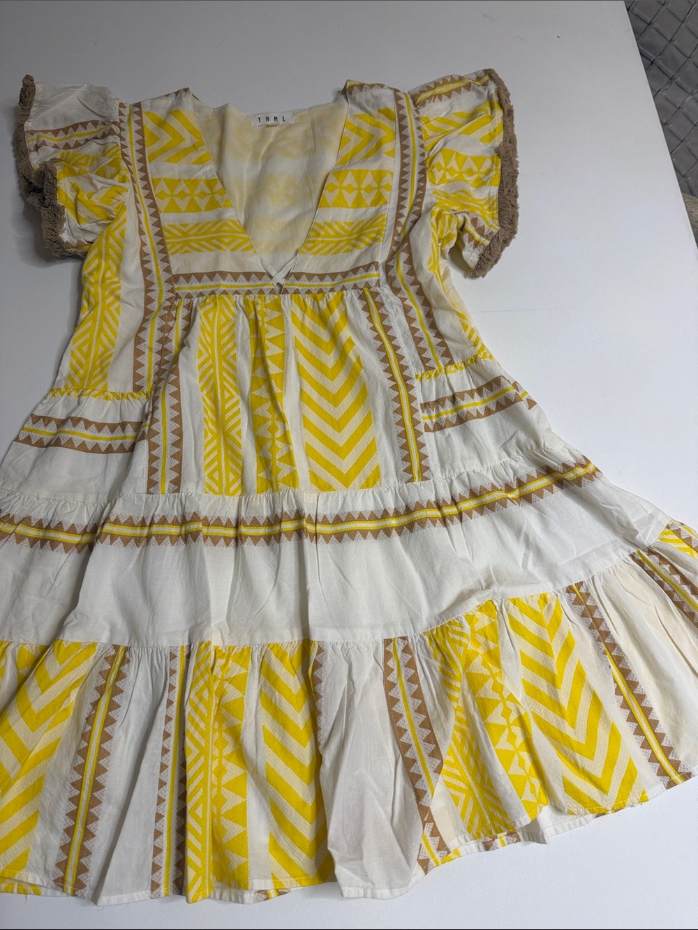 THML Yellow and Cream Patterned Girls' Casual Dress